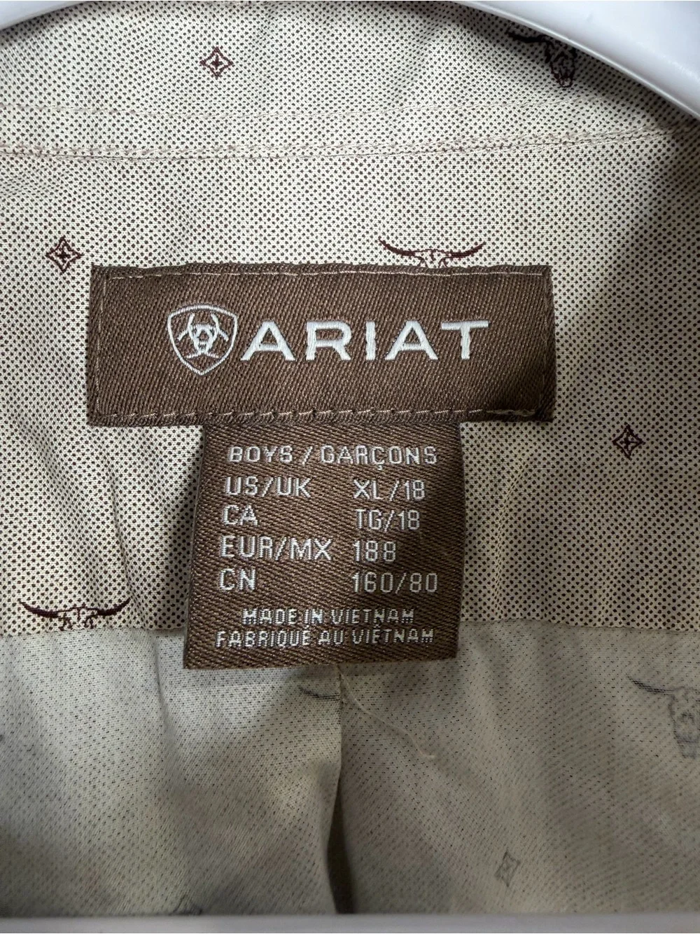 Ariat Boys XL (18) Tan Steer Head Print Cotton Long Sleeve Button-Up Shirt